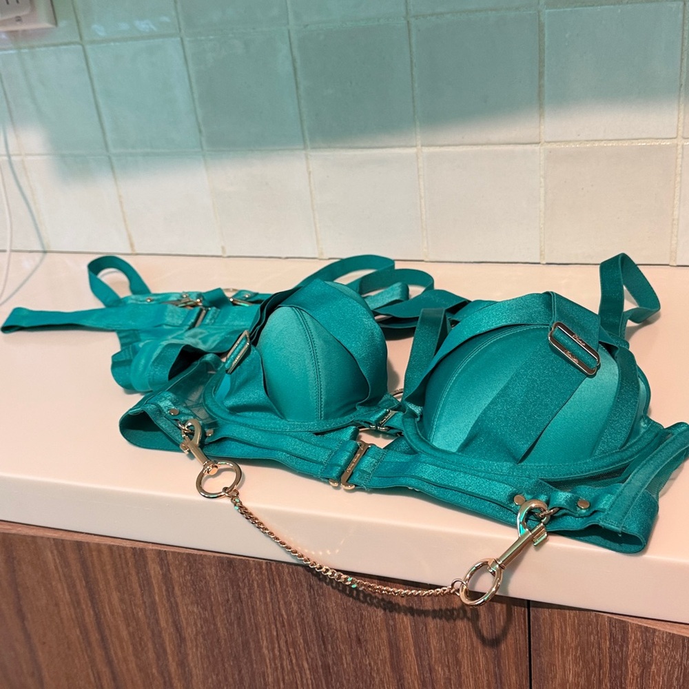 Honey Birdette KUKURO💚 Jade Green 2 Piece Set 32DD Harness Bra + Panty XS
